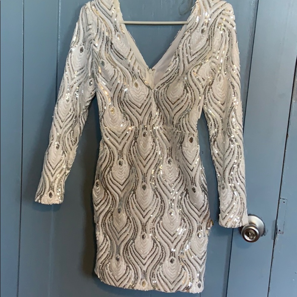 White/silver long sleeve sequenced dress
